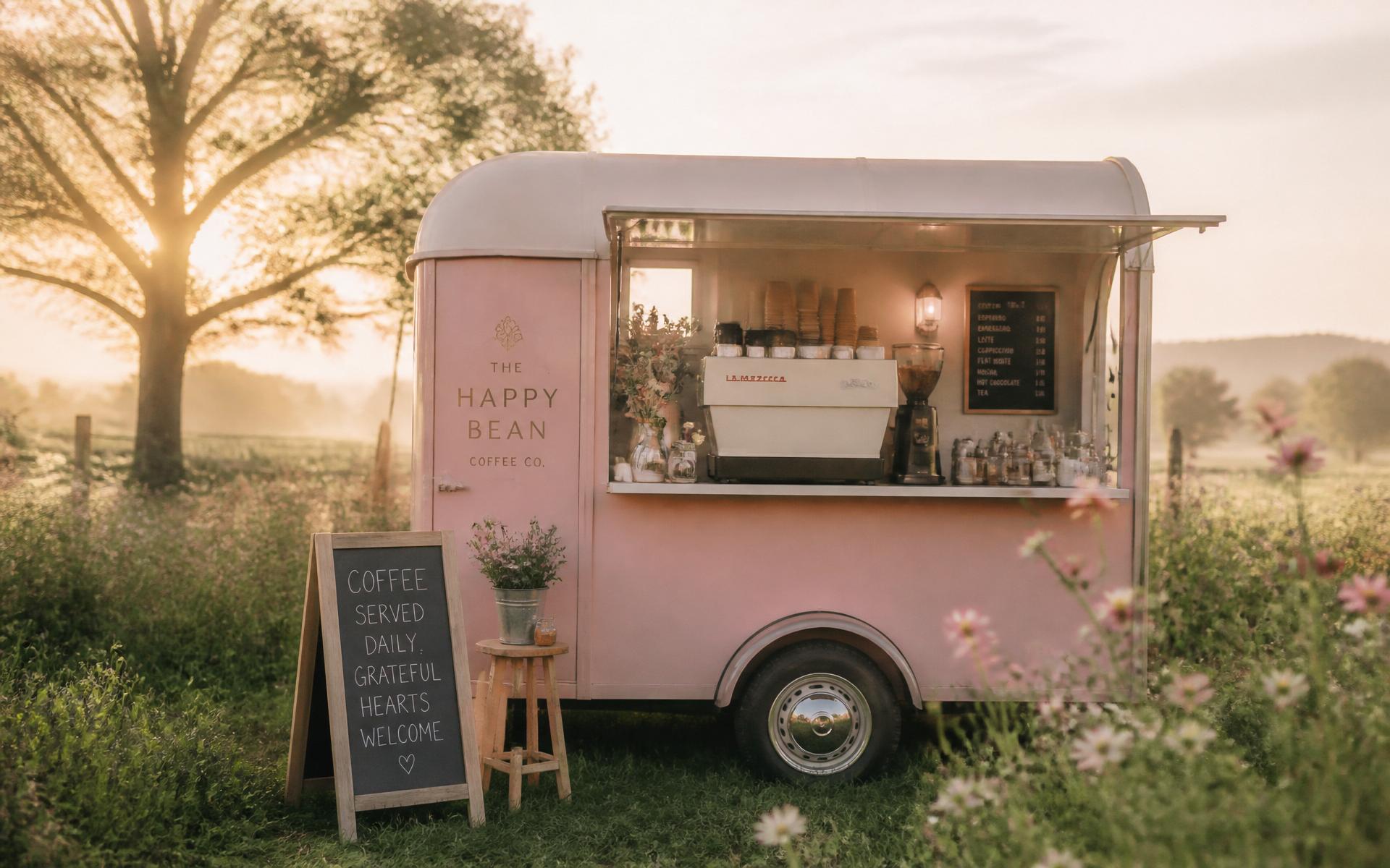 The pastel pink Chai + Coco coffee pod at sunrise in the Yorkshire countryside