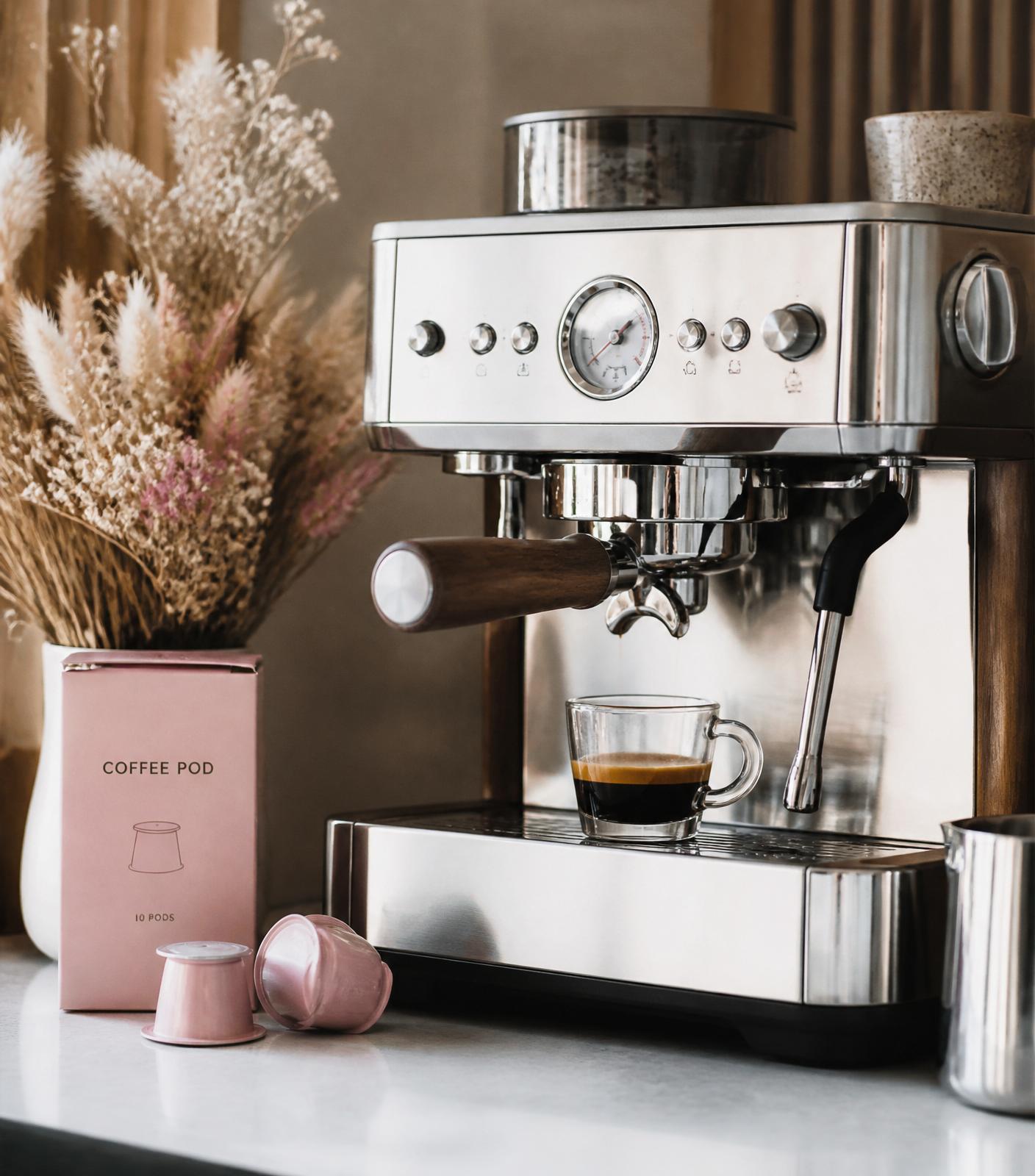 Inside the pink coffee pod — espresso machine, dried flowers, spotless counter